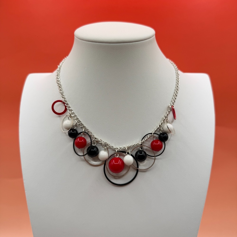 Red Black White Beaded Ring Necklace Silver Tone Chunky Statement Jewelry Gift